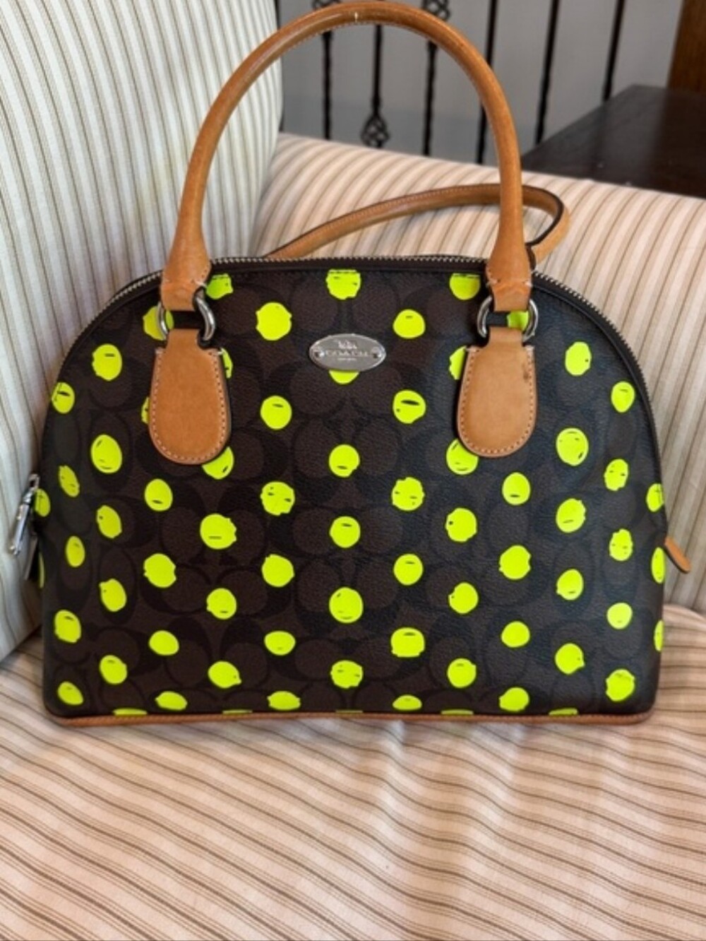 Coach Cora Domed Satchel Brown Crossgrain Leather Neon Yellow Polka Dot F33260